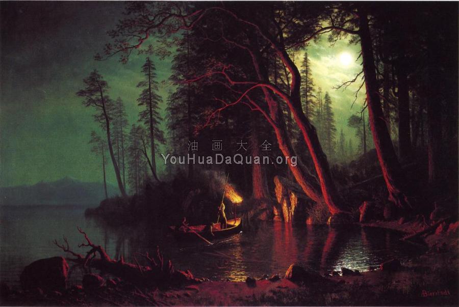 Lake Tahoe Spearing Fish by Torchlight - 阿尔伯特·比尔施塔特